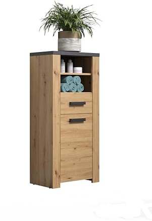 trendteam smart living - Follow - Kommode - Artisan Eiche/Matera - Badezimmerschrank mit 2 offenen Fächern - (BxHxT) 53 x 118 x 35 cm - Tür links oder rechts montierbar - kratzfest | B 53 x H 118 x T 35 cm · Vollauszug · feuchtraumgeeignet · 1 Tür, 1 Schublade, 2 offene Fächer, 2 Einlegeböden