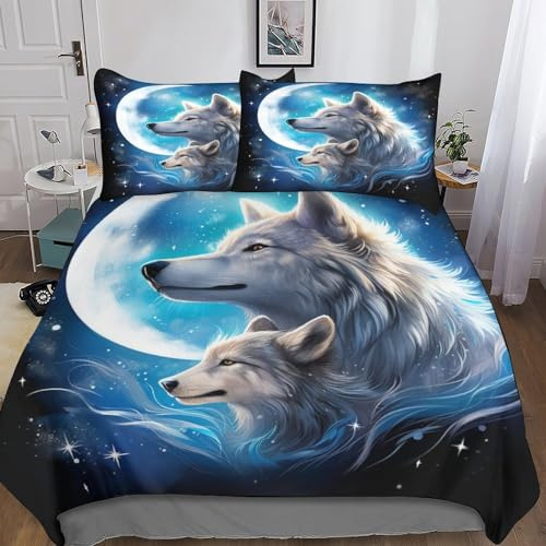 Ropa de Cama de Lobo Juego De Sábanas Y Fundas Nórdicas Impresas En 3D con Diseño De,Microfibra Suave,Dos Lobo Fundas De Almohada,Cremallera Oculta,Reversible Fácil King（220x240cm）