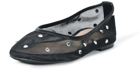 The Drop Bailarinas con Lazo Pepper Zapatos Tipo Ballet, Malla Negra/Diamantes de imitación, 38.5