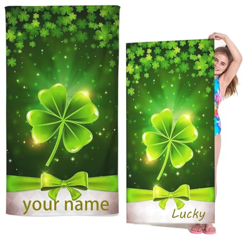 Fadaing Personalisiert Blätter Strandtuch Mit Namen, Personalisierte Handtuch Badetuch Mit Namen Mikrofaser Strandtuch Groß 100x200cm Badetuch vierblättriges Kleeblatt (60 x 120 cm,1)