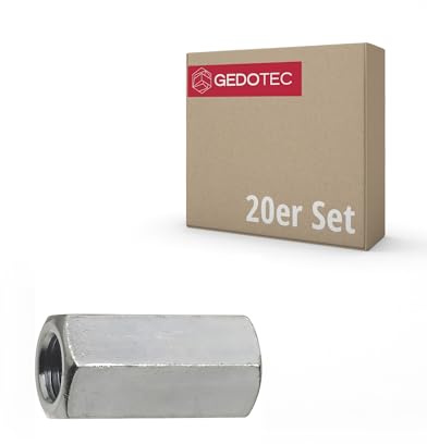 Gedotec Sechskant-Langmutter DIN 6334 | M16 x 48 mm | 20 Stück | verzinkter Stahl, rostfrei | Verbindungsmutter, Kupplungsmutter, Gewindehülsen, Stangenmutter, Distanzmuffe, Gewindemutter