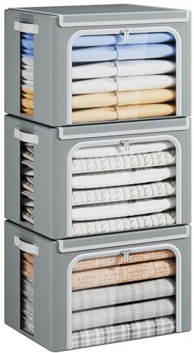 Yecaye Clothes Storage Bins with Metal Frame, 40L Foldable Clothing Storage Bins with Lid, Stackable Zippered Clothes Storage Bags, Oxford Fabric Organizer Box With Clear Window＆ PU Leather Handles