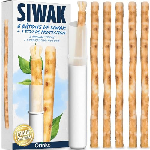ORINKO® Siwak Naturale x6 con Custodia - Spazzolino Ecologico per Pulizia e Sbiancamento Denti - Miswak Africano per Igiene Orale - Bastoncini di Araak come Alternativa Sostenibile