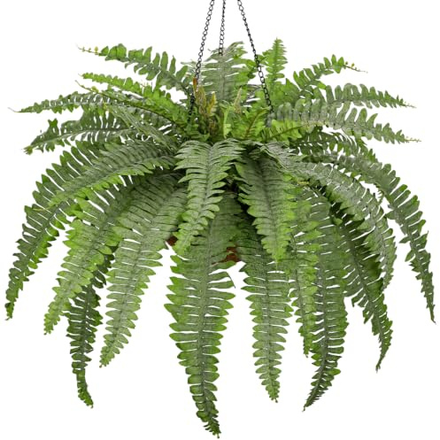 Briful 18.8 Large Hanging Plants Artificial Boston Fern with Palm Pot Hanging Basket, Fake Fern Leaves Like Real Decorative Artificial Plants for Porch Living Room Garden Decor
