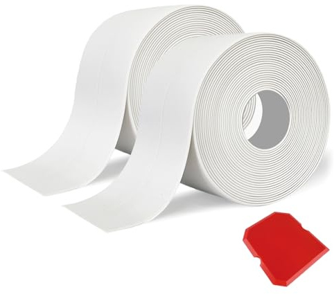 2 Rolls Bath Sealant Strip - Self-Adhesive Waterproof Caulk Strip Tape for Bathroom, Shower, Bathtub, Toilet, Sink & Kitchen with Sealing Tool - White Bathroom Sealant Tape for Wall & Floor Corners