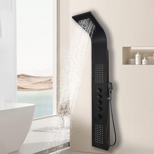 Elbe Panneau de douche en acier inoxydable brossé 304 avec thermostat, 2 buses de massage, douche cascade, douche de tête, douchette à main (Noir)