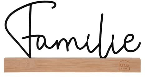 UNUS Deko-Aufsteller Familie aus Metall mit Bambus-Sockel | Schriftzug in Schwarz, stilvolle Tischdeko für Wohnzimmer, Regal oder Fensterbank, weitere Motive erhältlich