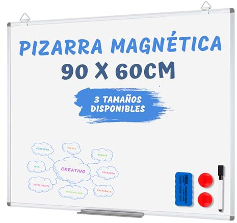JUPPLIES Pizarra Blanca Magnética de Pared 90x60 cm con Marco de Aluminio y Bandeja – Incluye Rotulador, Imanes y Borrador – Whiteboard Ideal para Oficina, Escuela o Cocina, Fácil de Instalar