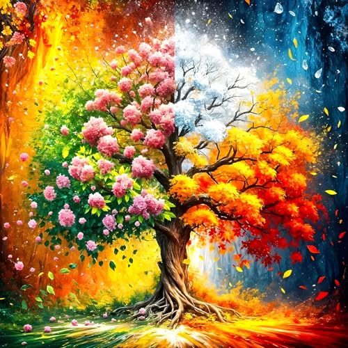 DPHERO DIY Lebensbaum Diamant Painting Kits Bilder für Erwachsene Anfänger,5D Vier Jahreszeiten Diamond Painting Set,DIY Runde Steine Baum Diamant Kunst Kits, Diamond Art für Zuhause Dekor 30x30 cm