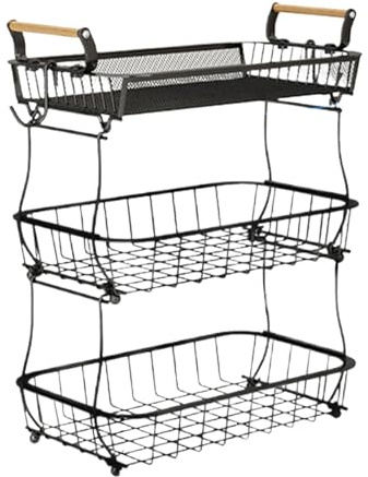 3-Tier Fruit Basket Stand - Vegetable Holder With Banana Hanger, Kitchen Countertop Organizer | Metal Produce Rack, Farmhouse Bread Bin, Snack Storage Tray For Onion, Potato, Garlic With Style