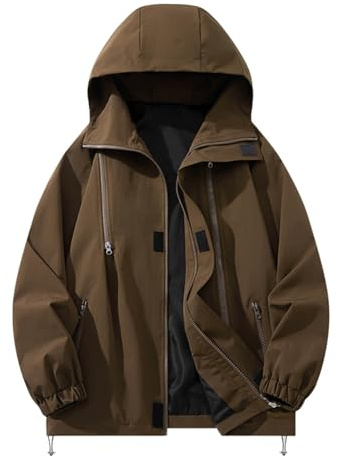 Générique Veste Homme Impermeable Deperlante avec Capuche Légère et Résistante Trail Cargo Vestes anti-Vent Classique Manches Longues Grande Taille Jacket Café 4XL