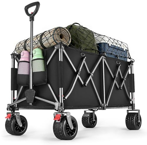 YEAUPE PRO rullvagn, vikbar med parkeringsbroms, 260 l, vikbar rullvagn från 4 riktningar, höjdjusterbart handtag och sidoöppning för trädgård, camping, strandvagn och shopping, Svart