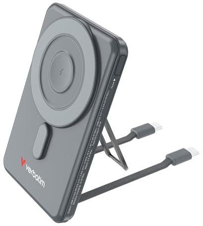 Verbatim Charge 'n' Go MagSafe Powerbank 5 000 mAh [GRAU] 15 W magnetisk – PD 20 W snabbladdningsfunktion, LED-display och fällbart stativ för iPhone 17/16/15/14/13/12 Pro/Pro Max – inkl. två