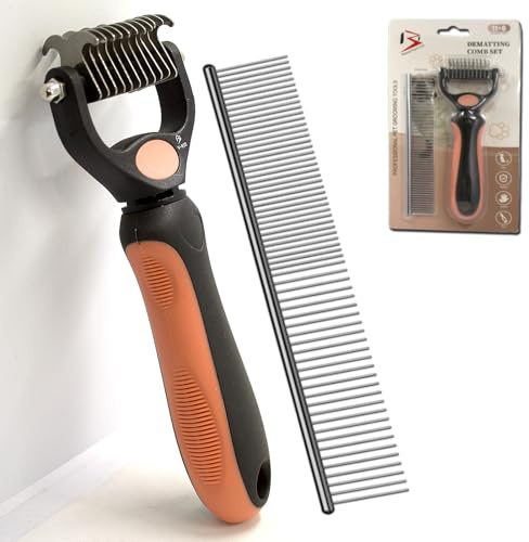 BeautyTrack Pet Dematting Comb Set, Dual-Sided Grooming Rake for Dogs and Cats, Professional Deshedding Tool with Stainless Steel Teeth, Pet Grooming Rake and Brushes for Small & Medium (Melon, S)