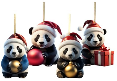 4-teilig Weihnachtspanda Deko, Acryl Weihnachtsbaum Anhänger Set, Lustig Weihnachtsbaumschmuck mit Kordel, Weihnachts Panda Christbaumschmuck Weihnachtsanhänger für Zuhause, Auto, Party