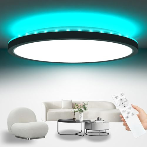 zemty 40CM LED Deckenleuchte Dimmbar, 36W 3200LM RGB Farbwechsel Deckenlampe mit Fernbedienung, 3000K-6000K Wasserfest Lampe Decke für Badezimmer Jugendzimmer Wohnzimmer Schlafzimmer Schwarz