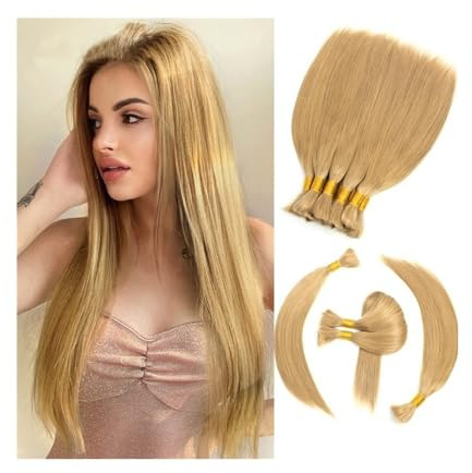 Sans nœuds Extensions de cheveux humains blonds en vrac, 100 g, sans trame, lisses, Remy Hair, for tressage(28 Inch)