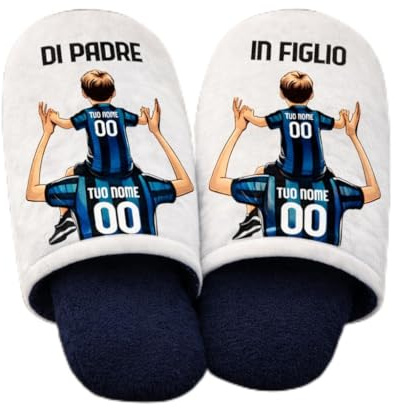 D&Vlab Ciabatte Calde Pantofole in Morbida Spugna Cotone da Uomo 36-45 di Padre in Figlio Personalizzato con Nome per papà Tifosi Calcio Squadre Ultras Nero Azzurri Interisti
