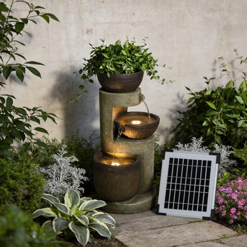 Bumilgar 3-Tier Solar-Powered Water Feature with LED Lights – 50cm Cascading Bowl Design for Outdoor Garden, Patio, Deck & Porch Décor, Brown