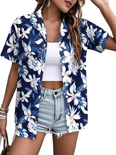 VVNTY Hawaiian Shirts for Women Floral Print Button Down Tshirt Tropical Summer Beach Holiday Blouse
