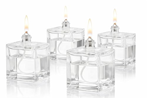 Öllampen Set 4x Mini Cube Glas 80 ml – Nachfüllbare Tisch-Öllampen für Innen & Außen – Deko Beleuchtung für Restaurant, Bar, Terrasse & Zuhause