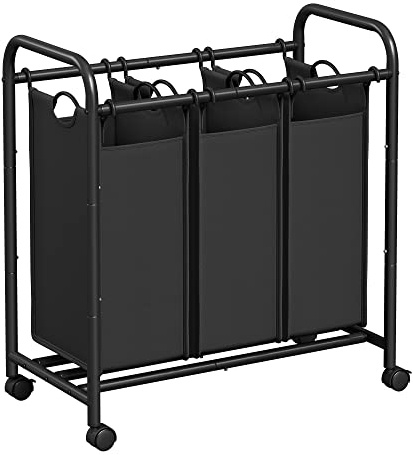 SONGMICS Cesto Portabiancheria, Carrello Raccogli Biancheria a 3 Scomparti, Carrello per il Bucato con Ruote, Cesta per Bucato con Maniglie, Sacchi Rimovibili, Nero LSF003B