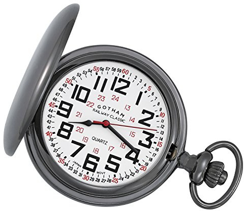 Gotham Men's Gunmetal Railroad Polished Finish Covered Quartz Pocket Watch # GWC15044B