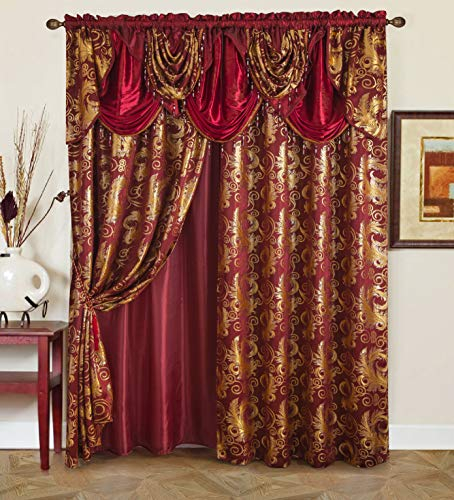 Golden Rugs Jacquard Luxury Vorhang Fensterpaneel Set Vorhang mit angenähtem Volant und Rückseite Schlafzimmer Wohnzimmer Esszimmer 284,5 cm x 213 cm Jana Collection (Burgundy)