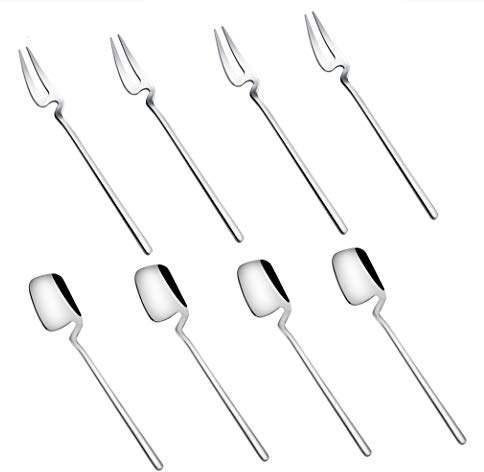 Qualizon 18/8 Stainless Steel Modern Thicken 5.5-Inch Silver Mini Fruit Appetizer Forks and Dessert Spoons Set (4 Forks + 4 Spoons)