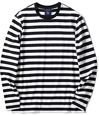 Mens Striped Long Sleeve T Shirt(L,Black&White Wide)