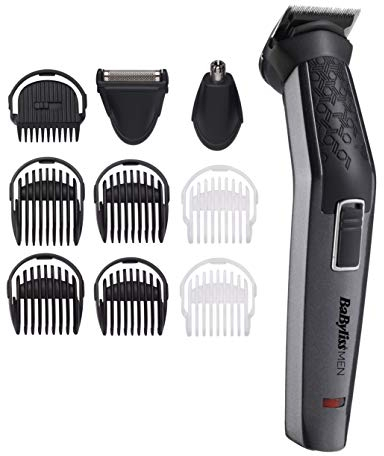 BaByliss 10-in-1 Carbon Titanium Multi-Grooming Trimmer Kit abwaschbar für Körper, Bart und Nasenhaare inkl. Aufbewarungstasche, Schwarz grau MT727E
