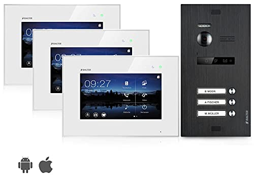 Balter EVO Video-Türsprechanlage für 3 Familienhaus, 3X 7 Zoll Monitor, Türstation Schwarz, Klingel, 2-Draht Bus, 150° Weitwinkel-Kamera, Mit App