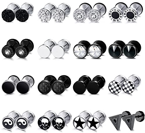 JeryWe 16 Paia Orecchini Borchie per Uomini Donne Acciaio Inossidabile Tondo Argento Nero Orecchini Finta Spina Orecchie Orecchio Vite Barbell Plugs Faux Misure Tunnel Orecchio A 8MM