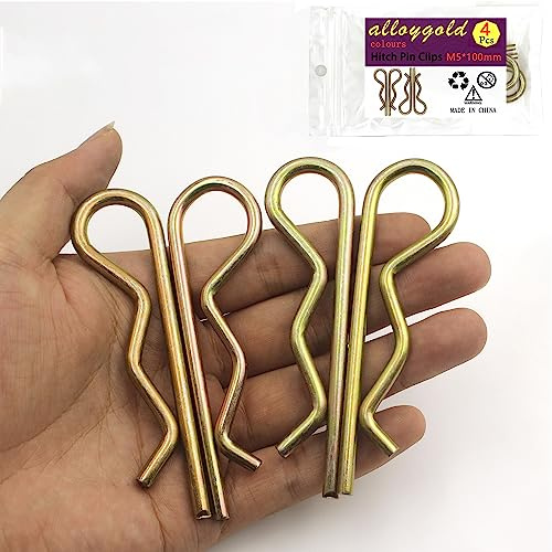 Alloygold Lot de 4 goupilles d'attelage robustes en forme de R - Épingles à cheveux en zinc coloré pour remorque, tracteurs, tondeuses, chariots, camions - Tension à ressort solide M5 x 100 mm