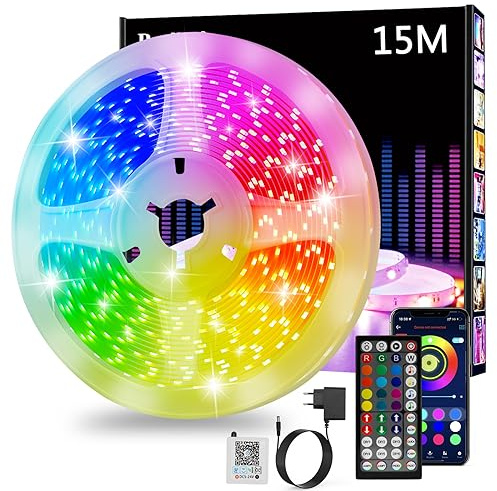 Ruban Led 15m, Led Chambre, RGB Bande Led Contrôlé par APP Bluetooth ou Télécommande 44 Touches, Synchroniser avec Rythme de Musique, Bandeau Led pour Chambre, Bar, Cuisine, Mariage, Fête