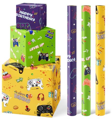 WERNNSAI Gaming Wrapping Paper Rolls - 3 Rolls 43 x 305cm Birthday Wrapping Paper Rolls Video Game Wrapping Paper Kids Boys Wrapping Paper Rolls Green Yellow Purple Gift Wrapping Paper with Cut Lines