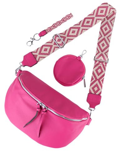 MIRROSI® Bauchtasche Damen, Veganleder 30x19x10cm, Umhängetasche, Brusttasche, Crossbody bag, Kunstleder leder, verstellbare Schulterriemen Bohemian Style (Fuchsia)