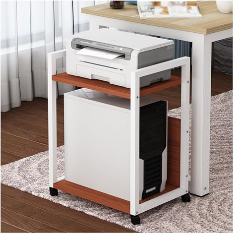 XPLKQXE Computerturmständer, 2-stufiges Host-Rack Für Mobile Computer, CPU-Halterwagen Mit Rollenden Lenkrollen, Drucker-Aufbewahrungswagenregal Homeoffice (Farbe : White+Brown, Größe : 50x30x65cm)
