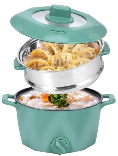 Electric Hot Pot with Stainless Steel Steamer, 2L Non-Stick Mini Electric Hot Pot, Portable 2 Gear Rapid Noodles Cooker,Multi-Function Hot Pot Cooker for Pasta Ramen Noodles Vegetables (Green)