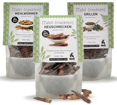 SNACK-INSECTS Speiseinsekten Snack – essbare Insekten zum Probieren – geröstete Grillen, Heuschrecken & Mehlwürmer – proteinreicher Insekten Snack – EU-Zucht