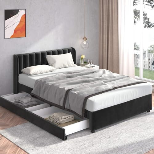 Polsterbett 140x200cm, Doppelbett mit 2 Schublade und Gepolstertes Kopfteil, Bettgestell mit Stauraum und Lattenrost, Stauraumbett für Schlafzimmer und Gästezimmer, Samt, Ohne Matratze, Schwarz