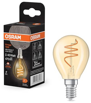 OSRAM Vintage 1906 Classic is a Warm White LED lamp with Spiral Filament in Classic mini Ball Shape, offering 4.9 W, 470 lm, E14 Fitting, Gold Glass, 45 mm Diameter, 2200 K.