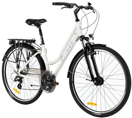 ATTABO Bicicleta de Trekking para Mujer con Marco de 19 Pulgadas, Manillar ergonómico, Frenos V-Brake, Bicicleta Blanca Duradera con Ruedas de 28 Pulgadas con portaequipaje bajo en Juego de Timbre de