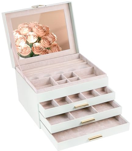 ADEL DREAM Schmuckkästchen Schmuckkasten mit 4 Ebenen Schmuckbox mit Verschluss große Schmuckstücke Schmuckaufbewahrung Geschenke für Damen Töchter und Freunde an Geburtstagen Cremefarben