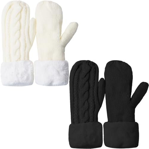 KASURE 2 Paar Handschuhe Damen, Fingerlose Handschuhe, Fäustlinge Sehr Warm, Strickhandschuhe, Winterhandschuhe, Skihandschuhe, Sporthandschuhe Perfekt als Wintergeschenk (Schwarz + Gebrochenes Weiß)