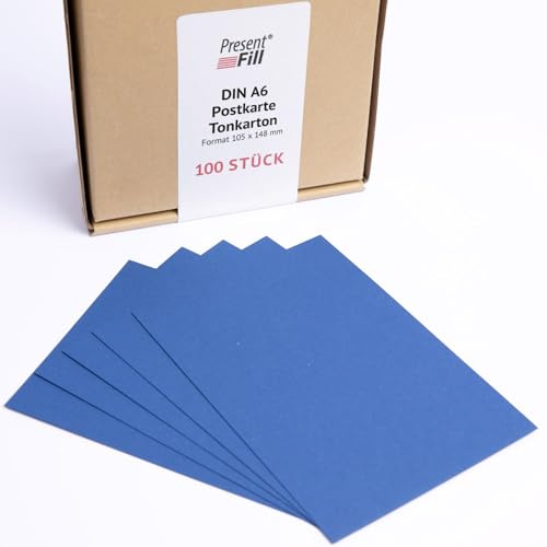 PresentFill® - blanko Postkarten Tonkarton Saphir Blau, Papier-Karten Set 100 Stück 210 g/m² -DIN A6-105 x 148 mm zum Selbstgestalten, beschriften oder bedrucken als Bastelkarton, Karteikarten