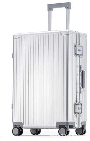 Hartschalengepäck aus Aluminium mit TSA-Schloss, Hartschalenkoffer mit Reißverschluss, mit Spinnrädern, karierter Aluminium-Koffer, Metall-Rollgepäck für Reisen, Business (Silber, 50,8 cm), silber, M