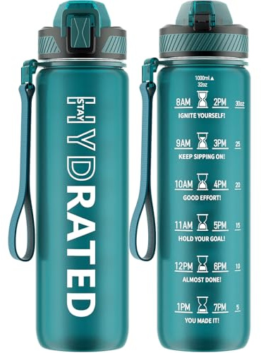QLUR Borraccia 1 Litro, Borraccia Sportiva con Cannuccia e Orari per Bere, 1L Borraccia Palestra Motivazionale, senza BPA, Borracce a Prova Di Perdite per Palestra, Scuola, Yoga