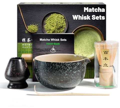 kurkip 4 Pièces Matcha kit ceremonie japonais, Fouet matcha bambou naturel, bol matcha, Pelle en bambo, Porte-Fouet, kit matcha complet, Coffret matcha, pour la cérémonie du thé - Noir moucheté