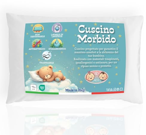 Tex family Cuscino Lettino Bambino 40x60 cm, Traspirante, Anallergico, Antiacaro, Cotone 100% Made in Italy, Morbido e Sicuro per Neonati